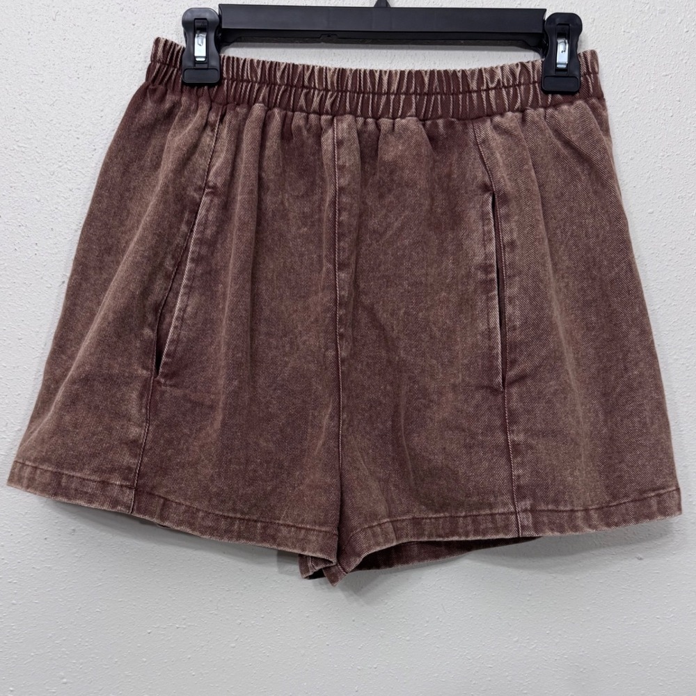 SHEIN Brown Acid Wash Denim Shorts High Rise Pockets Large 8/10‎ Grunge Coquette